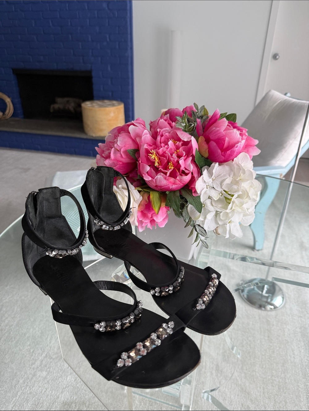 Schutz Black Jeweled Ankle-Strap Sandals Women Size 9 Glam Evening Wear Summer